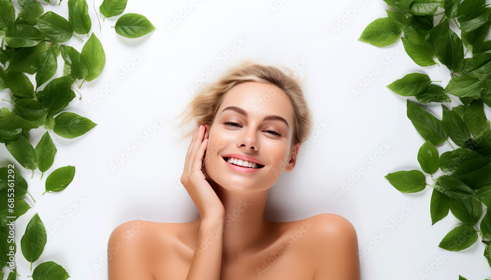 Portrait of a young, smiling woman, surrounded by green leaves. Skin care beauty, skincare cosmetics, dental concept. Portrait of a young, smiling woman, surrounded by green leaves. Skin care beauty, skincare cosmetics, dental concept.