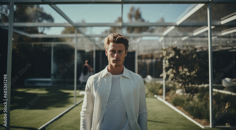 A modern business casual single man at rest in his beautiful modern minimalist tropical landscaped garden, in an architecturally design home A modern business casual single man at rest in his beautiful modern minimalist tropical landscaped garden, in an architecturally design home