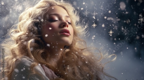  a woman with long blonde hair standing in the snow with snow flakes on her face and her eyes closed.