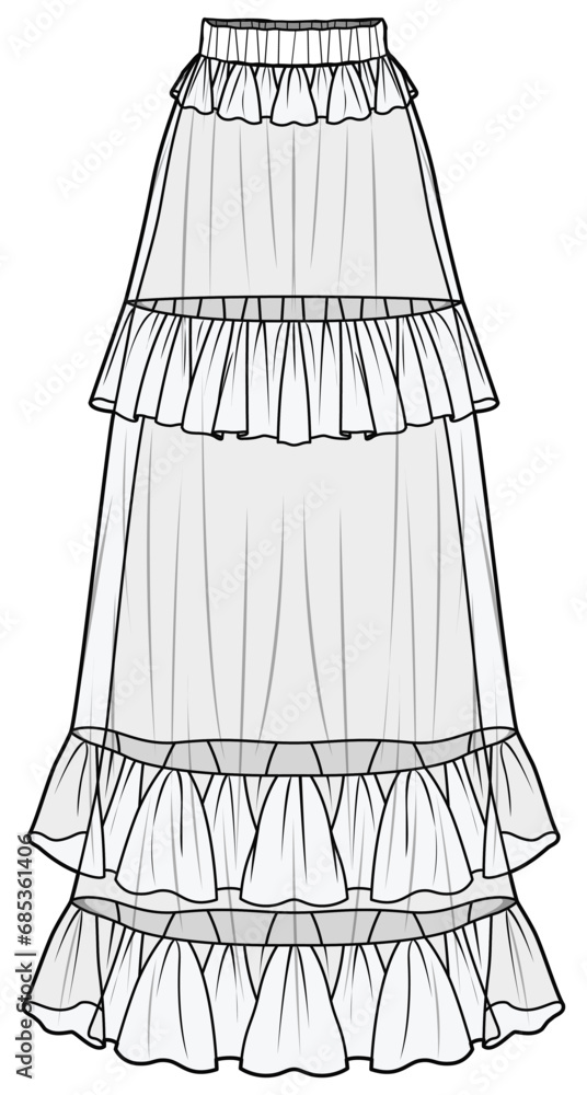 Frill Ruffle Tiered Maxi Skirt Fashion Illustration, Vector, CAD ...