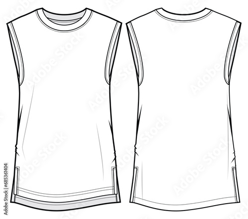 Crew Neck Black Long Sleeveless Tank Top T-Shirt  Front and Back View. Fashion Flat Sketch Vector Illustration, CAD, Technical Drawing, Flat Drawing, Template, Mockup.