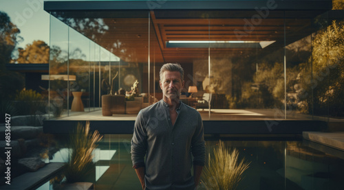 A modern business casual single man at rest in his beautiful modern minimalist tropical landscaped garden, in an architecturally design home photo
