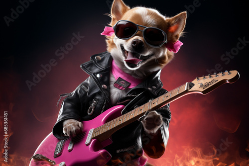 An adorable chihuahua dog dressed as a rocker playing guitar radiating charm and playfulness in this delightful scene. Ai generated