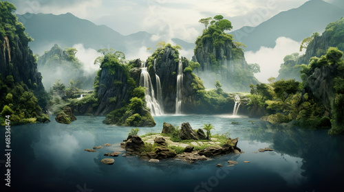 Waterfall on an Fantasy Island. Generative Ai © Shades3d