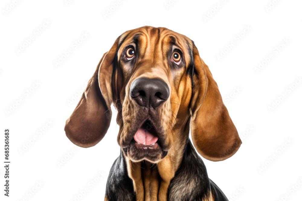 Portrait of curious Bloodhound dog isolated on white background - obrazy, fototapety, plakaty 