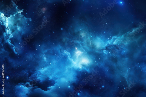 A deep blue nebulous expanse representing the mysterious vastness of the cosmos, dotted with stars and interstellar clouds.