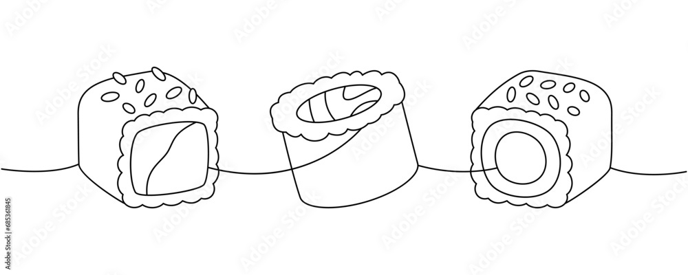 Sushi foods collection. Japanese cuisine, traditional food one line drawing. Tekkamaki tuna roll, futomaki continuous one line illustration. Sushi foods collection. Japanese cuisine, traditional food one line drawing. Tekkamaki tuna roll, futomaki continuous one line illustration.