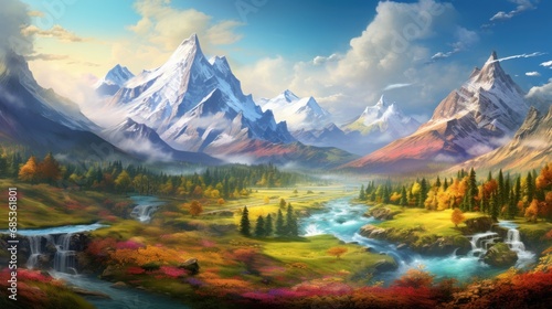  a painting of a mountain range with a river running through it and a waterfall in the middle of the picture. © Olga
