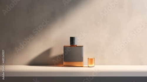 A luxurious parfum bottle elegantly placed on a shelf against a concrete wall, showcased in a high-quality 3D illustration. photo