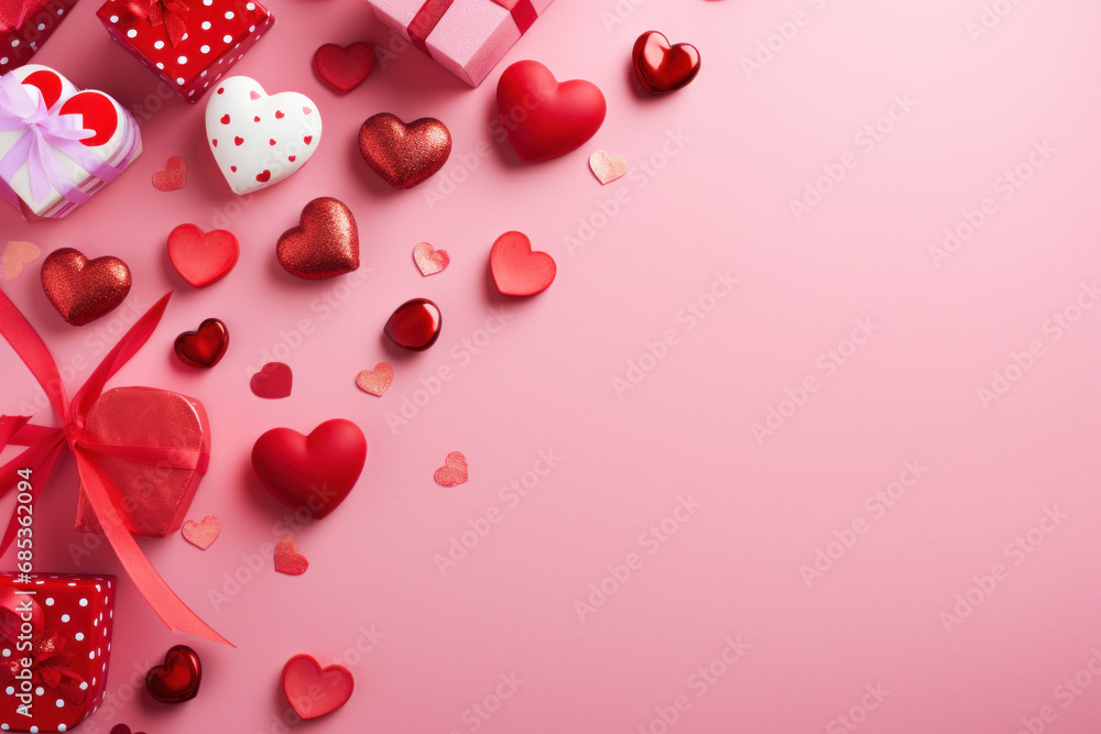 A festive background filled with candy, hearts and gift boxes