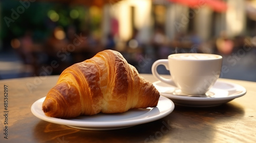 Fresh croissant and cup of coffee on the table in a cafe