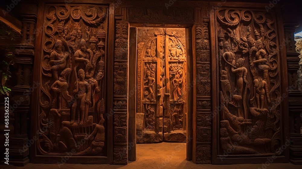 An intricately carved wooden door leading to a beautifully lit room with paintings depicting Krishna's divine stories.