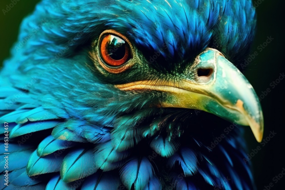 Fototapeta premium Beautiful bright blue peacock feathers close-up. Feathers of an exotic bird. Indigo bird.