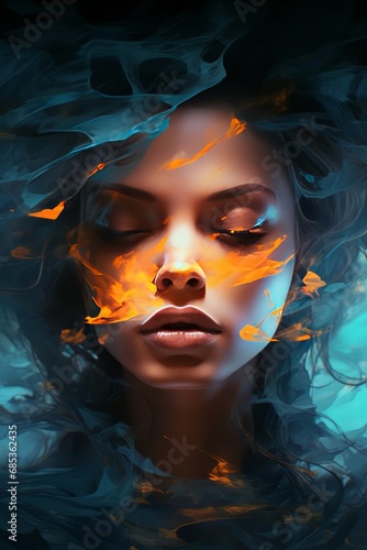 In dark orange and light cyan tones  a charming girl is surrounded by smoke.