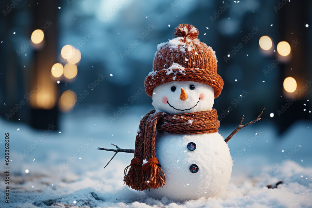 Cute little snowman in knitted hat and scarf standing outside on a winters day Cute little snowman in knitted hat and scarf standing outside on a winters day