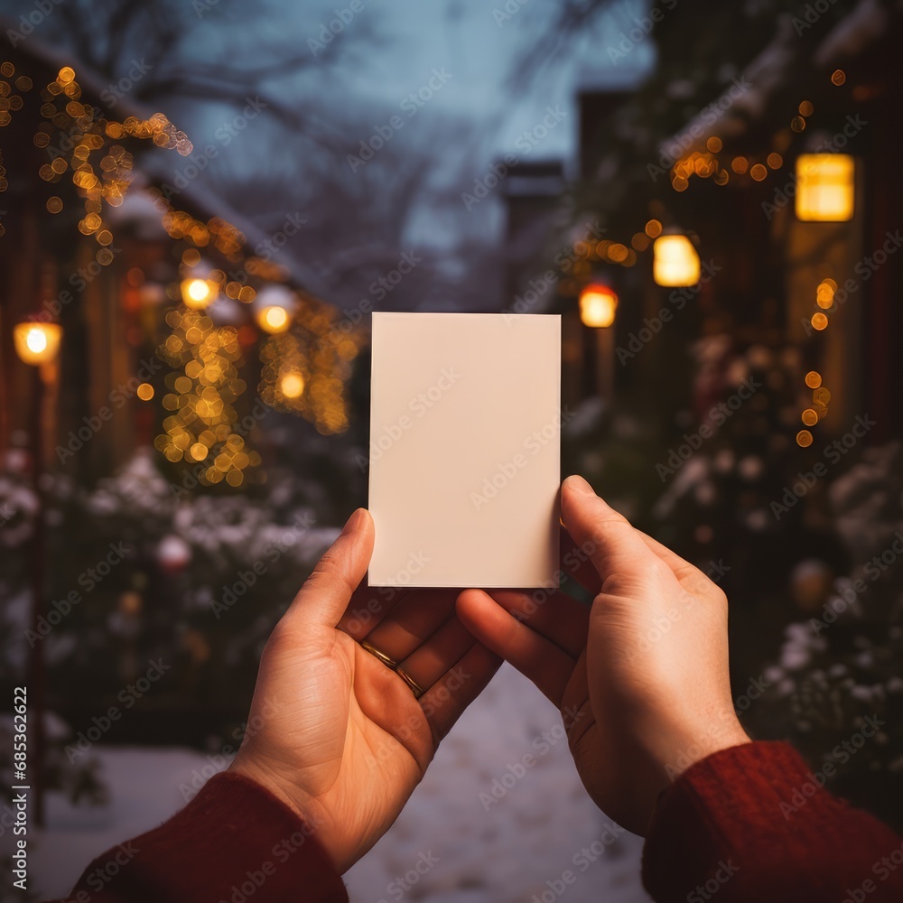 In a holiday setting, a hand holds a blank note card. In a holiday setting, a hand holds a blank note card.