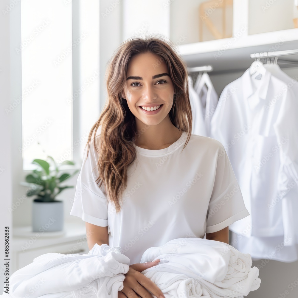 With joy evident on her face, a woman finds happiness in doing laundry, holding a stack of neatly folded clothes and smiling for the camera in the washing room. With joy evident on her face, a woman finds happiness in doing laundry, holding a stack of neatly folded clothes and smiling for the camera in the washing room.