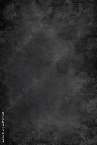 Black background texture. Watercolor painted old grunge in vintage textured design with paint blotches and distressed border pattern. Chalkboard illustration