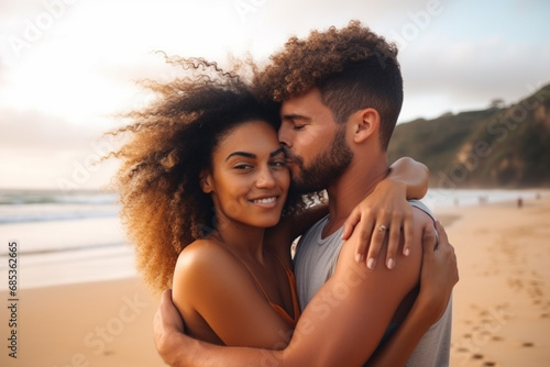 
A young man and woman hugging on the beach, in the style of explosive pigmentation, multicultural, abrasive authenticity photo