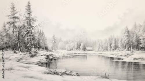  a black and white photo of a snowy landscape with trees and a river in the foreground and a cabin in the distance.