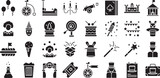 circus solid glyph icons set, including icons such as carnival, Bicycle, Bumper, Cannon, Castle, Circus, and more. Vector icon collection