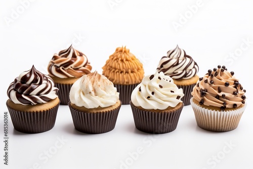 delicious assorted cupcakes of different flavors and colors on white background