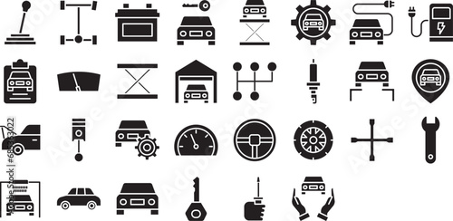 Garage and car service solid glyph icons set, including icons such as Automobile, Axel, Battery, Car Key, Car, and more. Vector icon collection