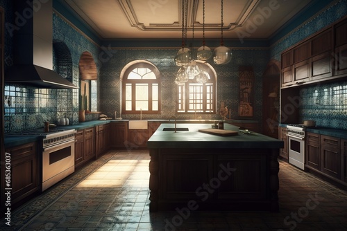 Stylish kitchen interior in modern Arabic style house.