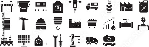Construction work solid glyph icons set, including icons such as Barrier, Bouquet, Delivery, Driller, Dumper, Fuel, and more. Vector icon collection