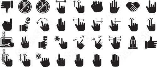 Hand gestures solid glyph icons set, including icons such as Drag, Dont touch, Like, Rotate, Swipe, and more. Vector icon collection