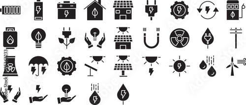 Energy and smart home solid glyph icons set, including icons such as Eco Gas, Energy Source, Magnet, Nuclear, and more. Vector icon collection