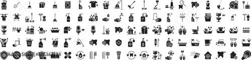 Cleaning and disinfection solid glyph icons set, including icons such as Anti Virus, Broom, Cleaner, Commode, Clean Home, and more. Vector icon collection photo