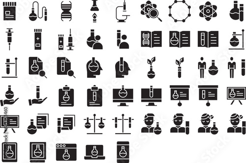 Chemistry and laboratory solid glyph icons set  including icons such as Assistant  Atom Book  Lab  Flask  Syringe  Search  and more. Vector icon collection