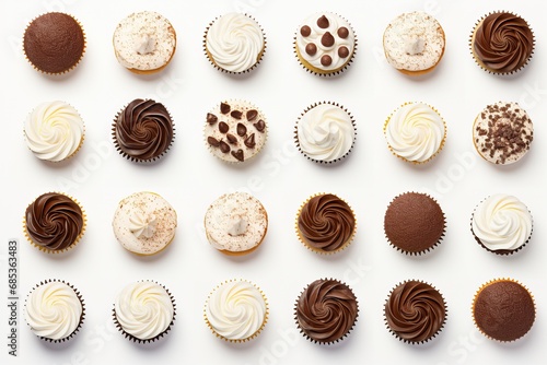 delicious assorted cupcakes of different flavors and colors on white background, top view