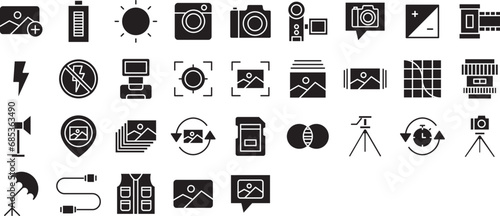 Photography solid glyph icons set, including icons such as Add Photo, Battery, Brightness, Camera, Flash, and more. Vector icon collection