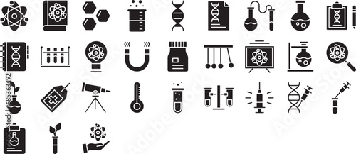 Science and experiments solid glyph icons set, including icons such as Physics, Atom, Cells, Dna, Magnet, Journal, Sprout, Syringe, and more. Vector icon collection