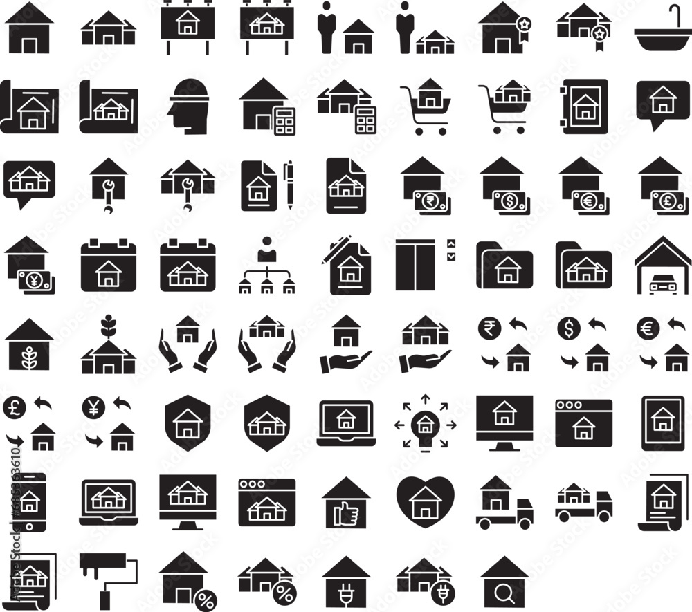 Property and real estate solid glyph icons set, including icons such as Award, Bath tub, Broker, Chat, Builder, and more. Vector icon collection Property and real estate solid glyph icons set, including icons such as Award, Bath tub, Broker, Chat, Builder, and more. Vector icon collection