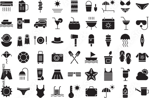 Travel associates solid glyph icons set, including icons such as Alcohol, Bbq, Beach, Bikini, Boat, , and more. Vector icon collection