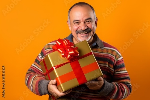 A mature man smiles genuinely while clutching a Christmas gift.