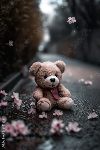 In the midst of a rainy day, a teddy bear exudes melancholy in a lonely and lost ambiance, with light pink cherry blossoms strewn across the wet road.