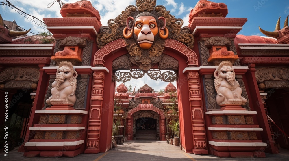 An ornate Hanuman-themed archway leading to a temple courtyard.