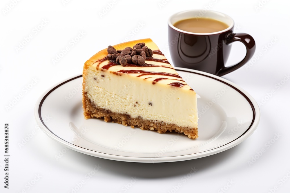 Classic cheesecake with cup of coffee on white table. Close Up view. Tasty breakfast. Piece of cake on plate, white cup on white background. Classic cheesecake with cup of coffee on white table. Close Up view. Tasty breakfast. Piece of cake on plate, white cup on white background.