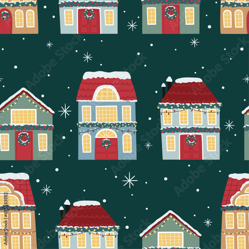Seamless pattern with cute houses and Christmas decor, vector. Can be used for printing on fabric, wrapping paper, postcards.