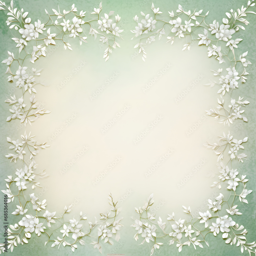  Elegant frame of green leaves and white flowers, idea for greeting card, message text for Christmas, New Year, wedding, engagement,greeting card and Valentine day.