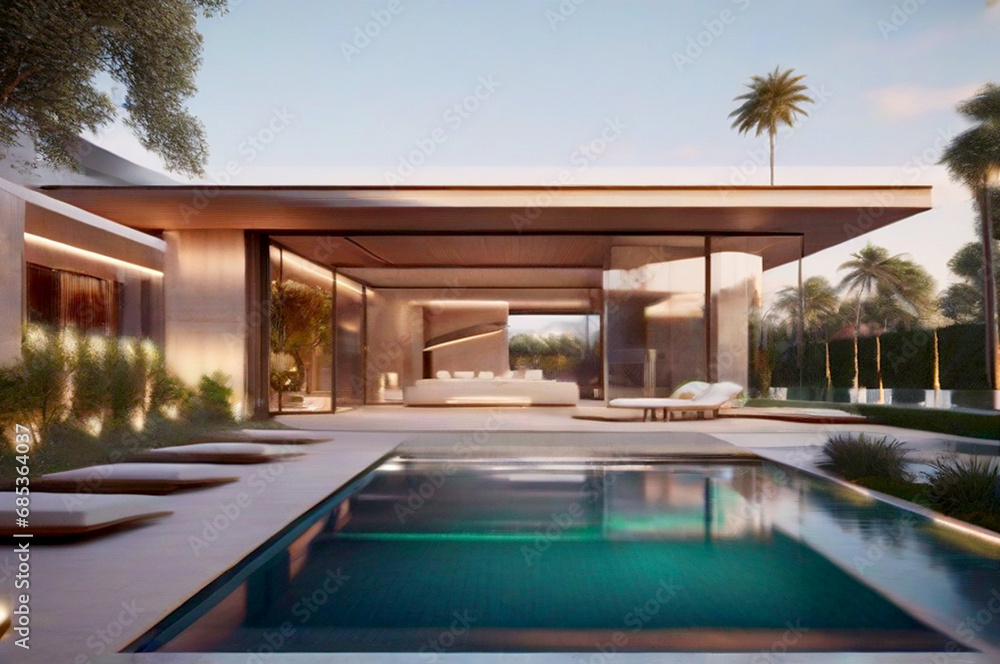Fototapeta premium interior of Luxury House with a Tranquil Pool Retreat. generative ai