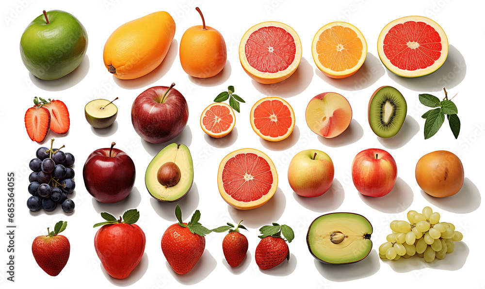 Fruits and vegetables isolated on transparent background. Top view. Fruits and vegetables isolated on transparent background. Top view.