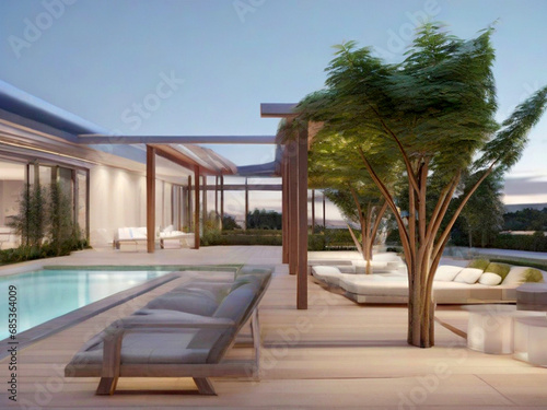 interior of Luxury House with a Tranquil Pool Retreat. generative ai © Abul