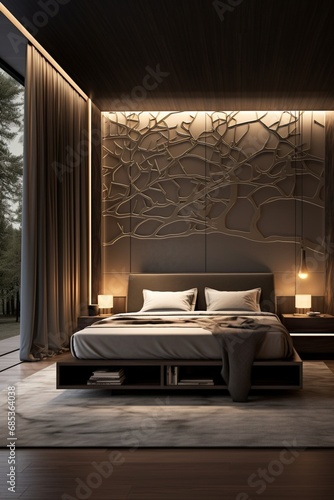 An upscale bedroom adorned with a modern false ceiling, casting gentle shadows on the walls. photo
