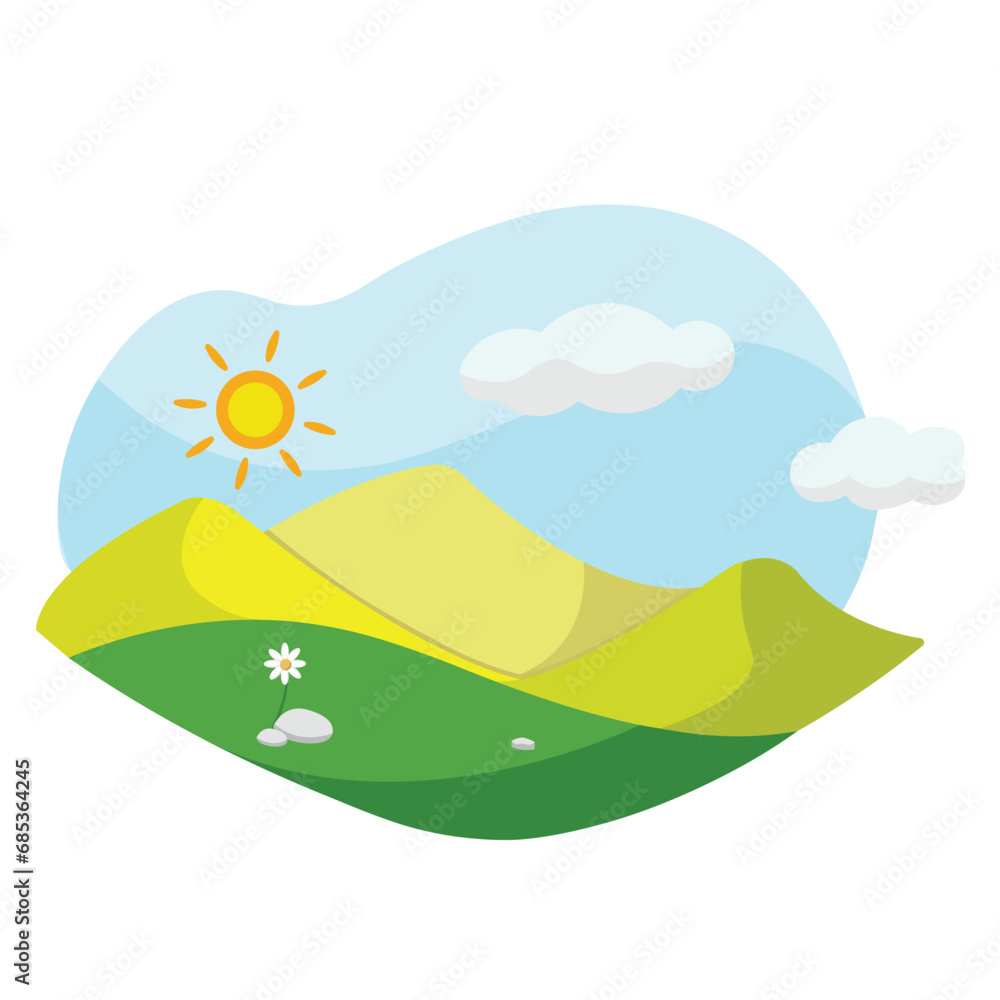 Obraz premium Isolated summer landscape with sun and hills Vector