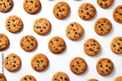 Many delicious chocolate chip cookies on white background, flat lay